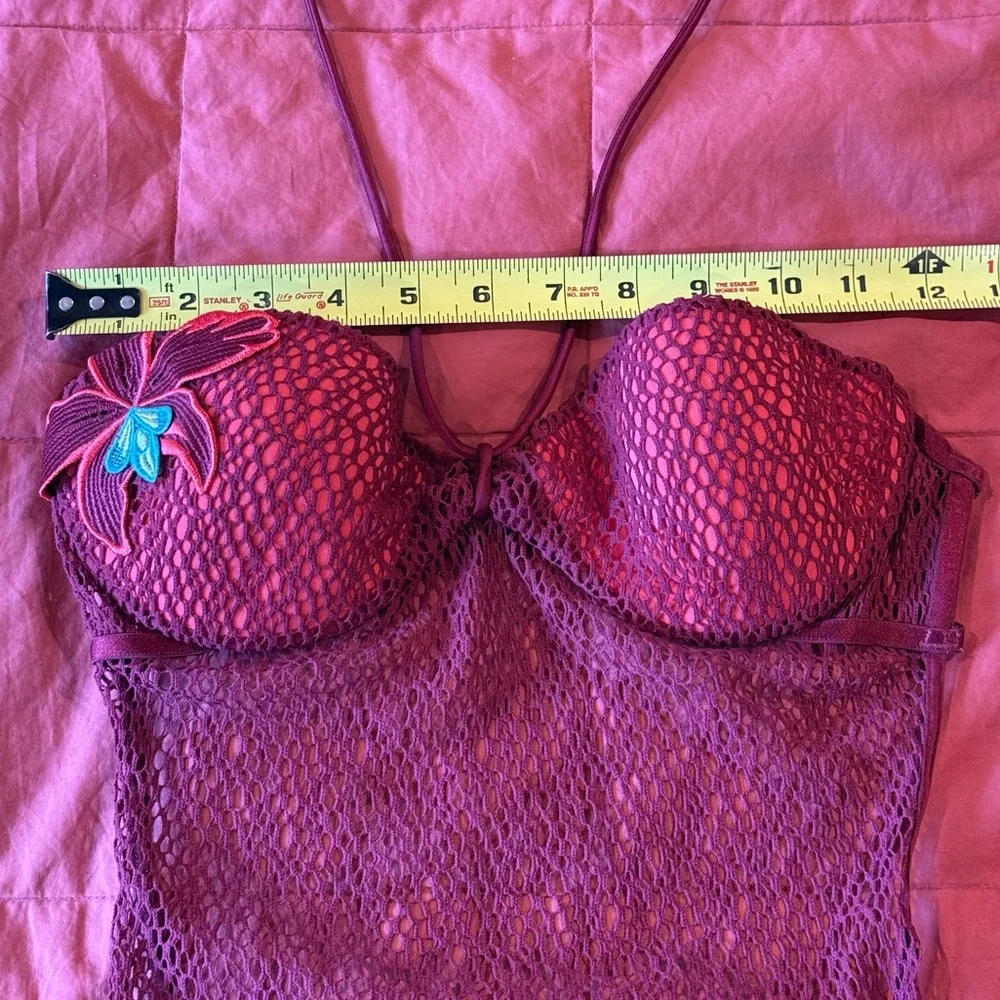 RARE VS, Open back Maroon Mesh Bandeau Bodysuit w/ Tropical Flower Detail - Picture 7 of 10